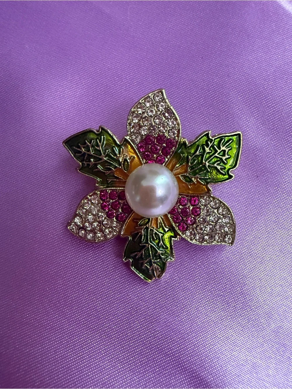 Floral Pearl & Crystal Brooch in Green, Pink and White